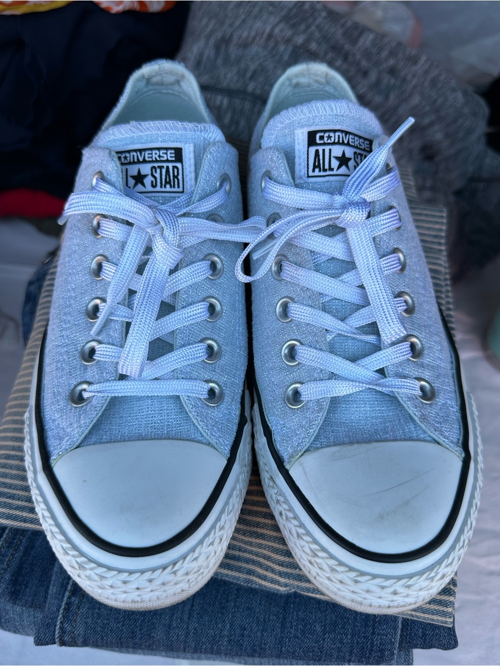Converse All Star Low Top Sneakers - Light Blue and White with Sparkles.